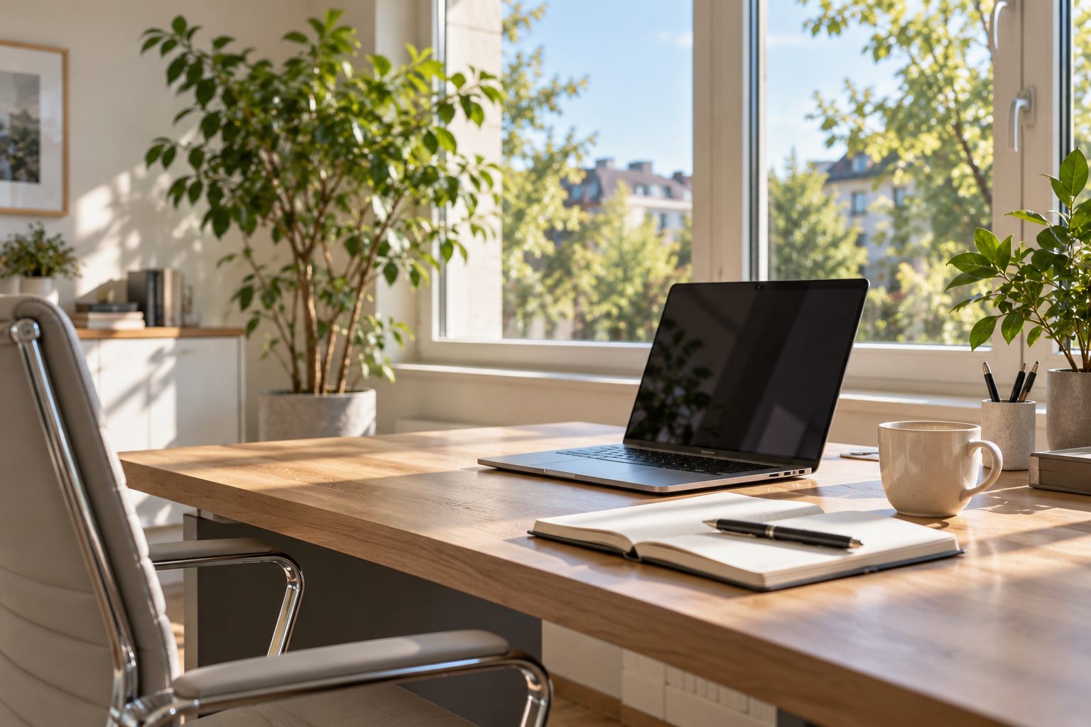 Aufgeräumter Arbeitsplatz mit Laptop und Notizbuch