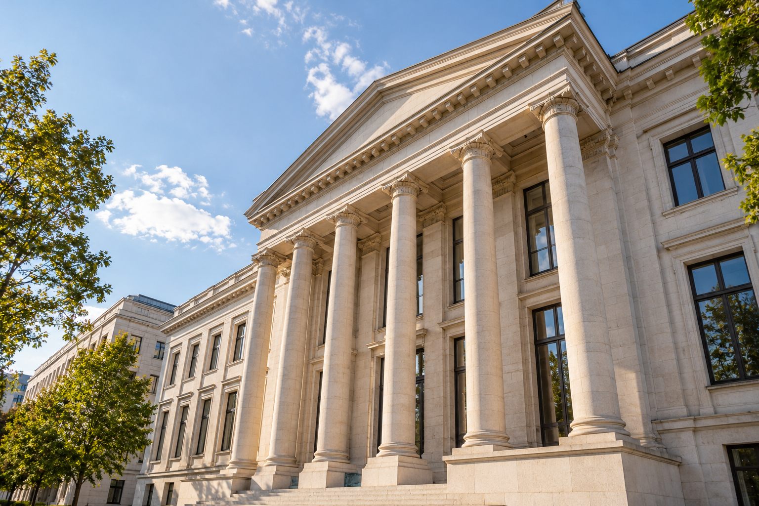 Klassische Bankfassade mit hellen Steinsäulen