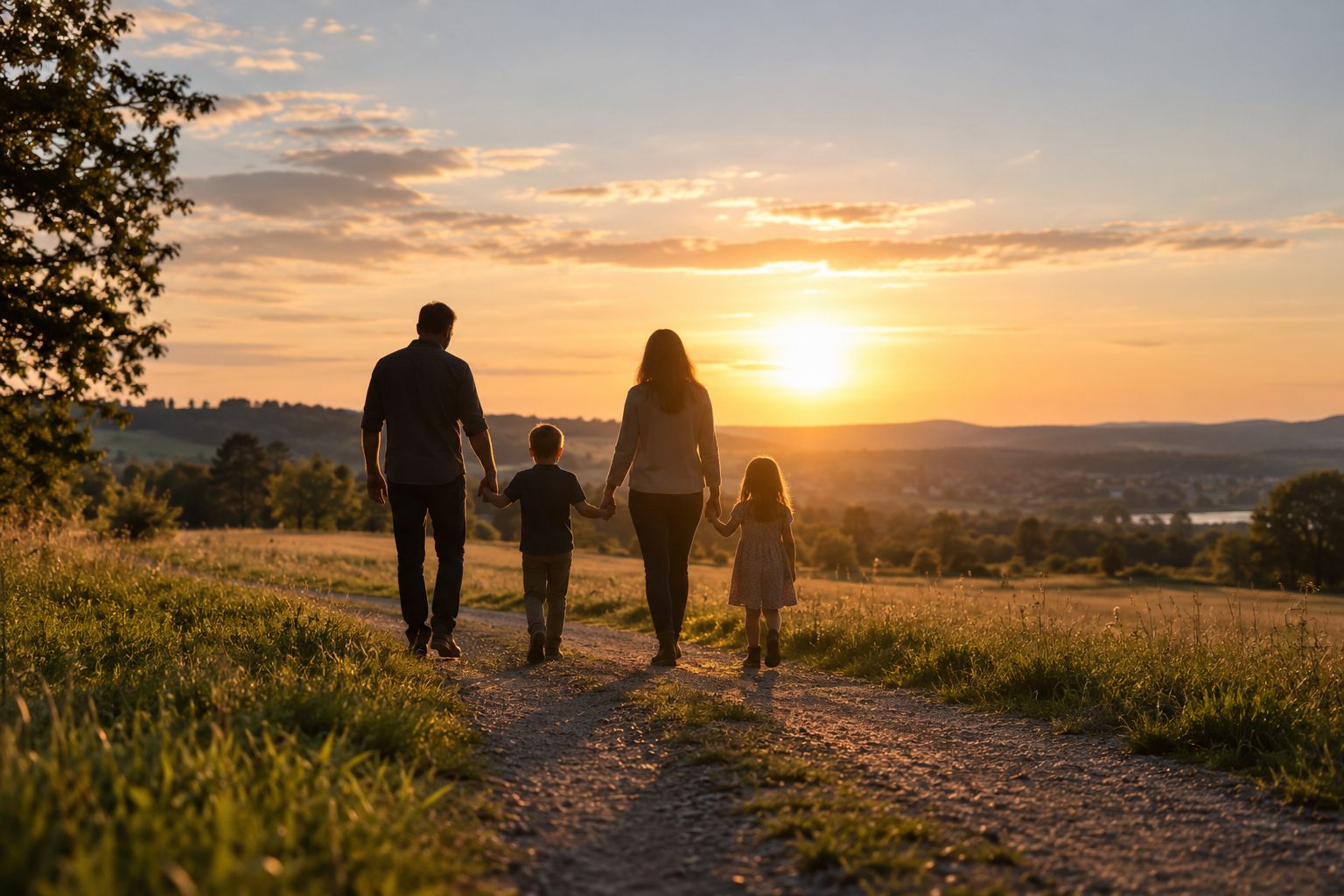 Familie mit zwei Kindern von hinten auf einem Feldweg im Abendlicht