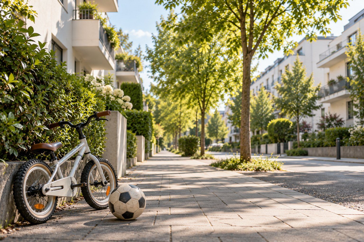 Kinderfahrrad und Ball auf einem Gehweg in einer Wohnstraße