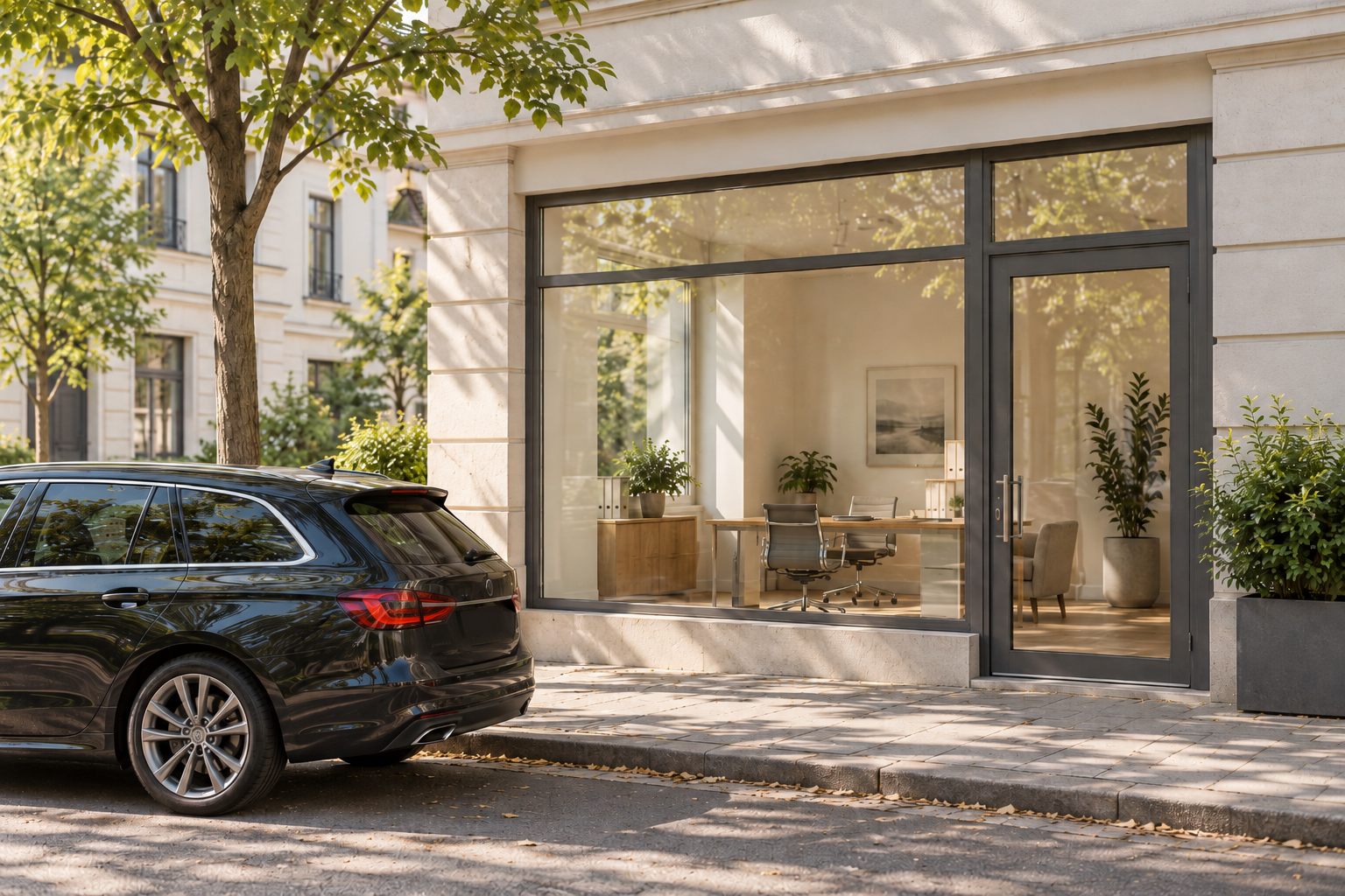 Helles Gewerbelokal mit großer Glasfront, davor ein geparktes Auto