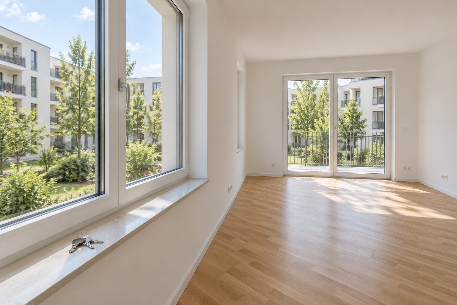 Helle, leere Mietwohnung mit Schlüsselbund auf der Fensterbank