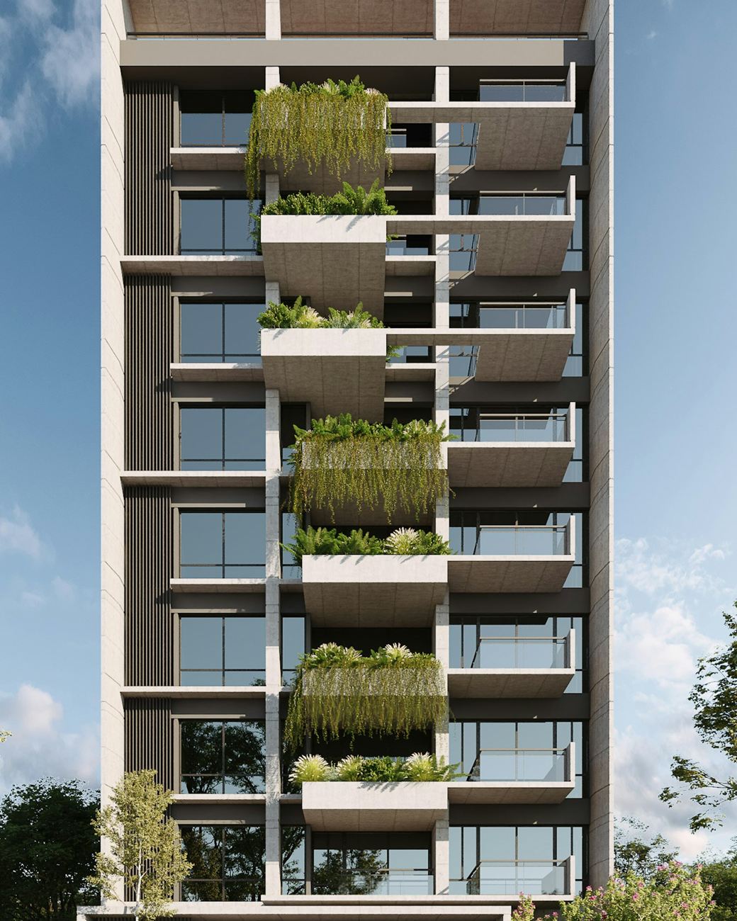 Modernes Wohnhaus mit begrünten Balkonen